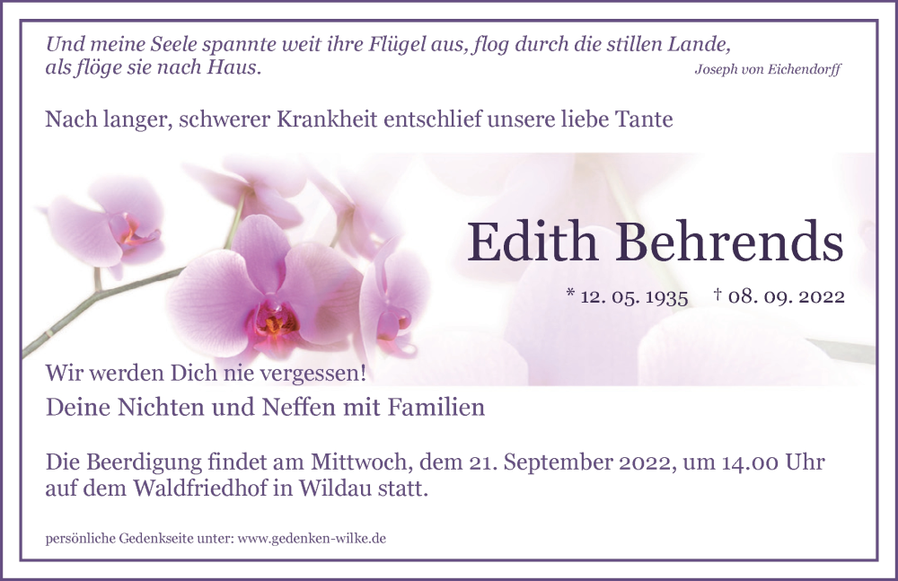  Traueranzeige für Edith Behrends vom 17.09.2022 aus Märkischen Allgemeine Zeitung
