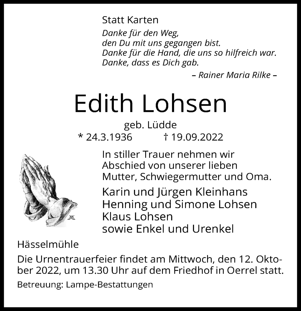  Traueranzeige für Edith Lohsen vom 22.09.2022 aus Aller Zeitung