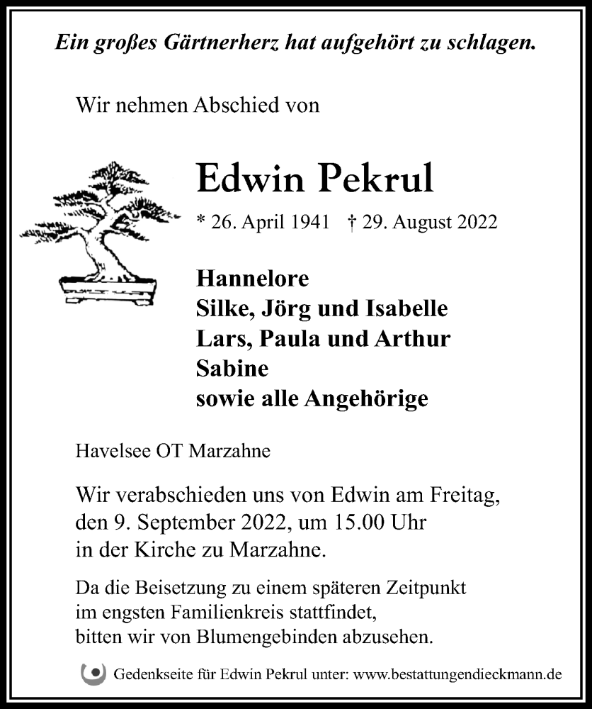  Traueranzeige für Edwin Pekrul vom 03.09.2022 aus Märkischen Allgemeine Zeitung