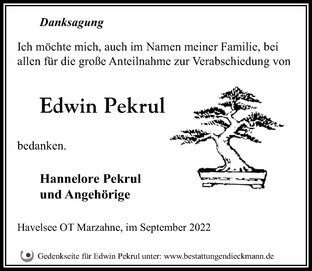  Traueranzeige für Edwin Pekrul vom 24.09.2022 aus Märkischen Allgemeine Zeitung