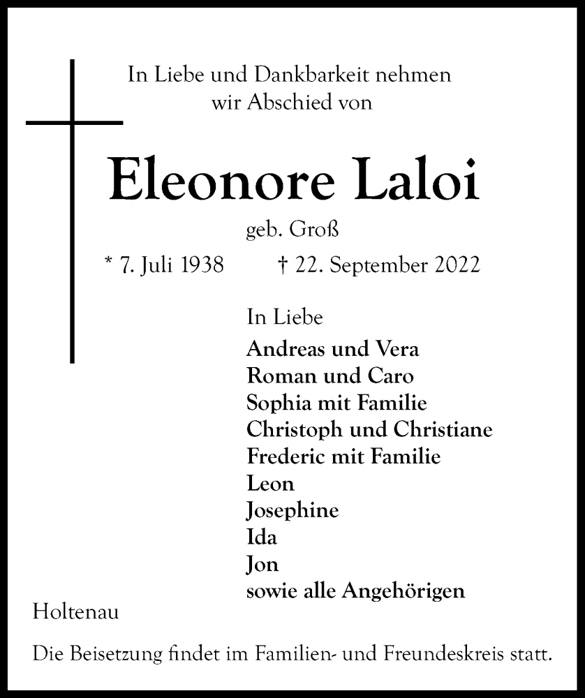  Traueranzeige für Eleonore Laloi vom 24.09.2022 aus Kieler Nachrichten