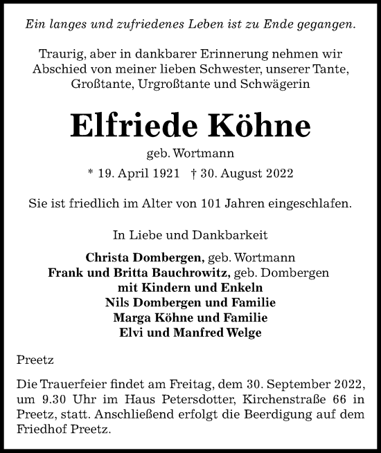 Traueranzeige von Elfriede Köhne von Kieler Nachrichten