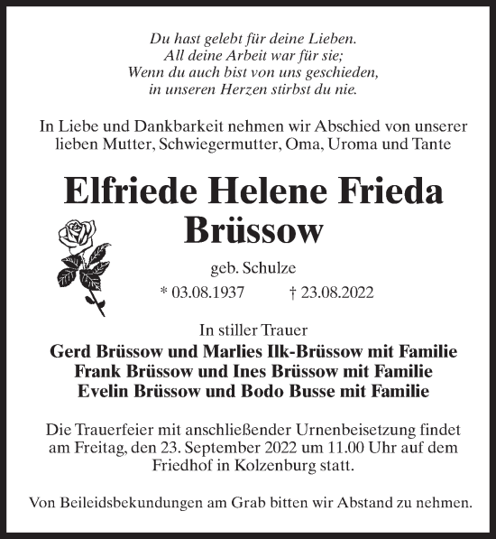 Traueranzeige von Elfriede Helene Frieda Brüssow von Märkischen Allgemeine Zeitung