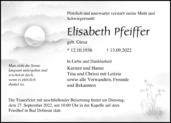 Traueranzeige von Elisabeth Pfeiffer von Ostsee-Zeitung GmbH