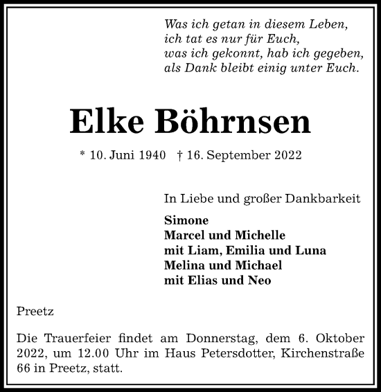 Traueranzeige von Elke Böhrnsen von Kieler Nachrichten