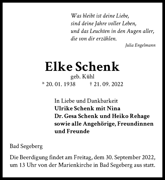 Traueranzeige von Elke Schenk von Lübecker Nachrichten