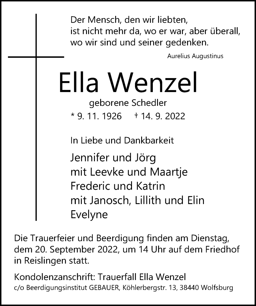  Traueranzeige für Ella Wenzel vom 17.09.2022 aus Aller Zeitung
