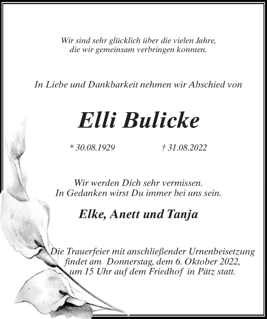 Traueranzeige von Elli Bulicke von Märkischen Allgemeine Zeitung