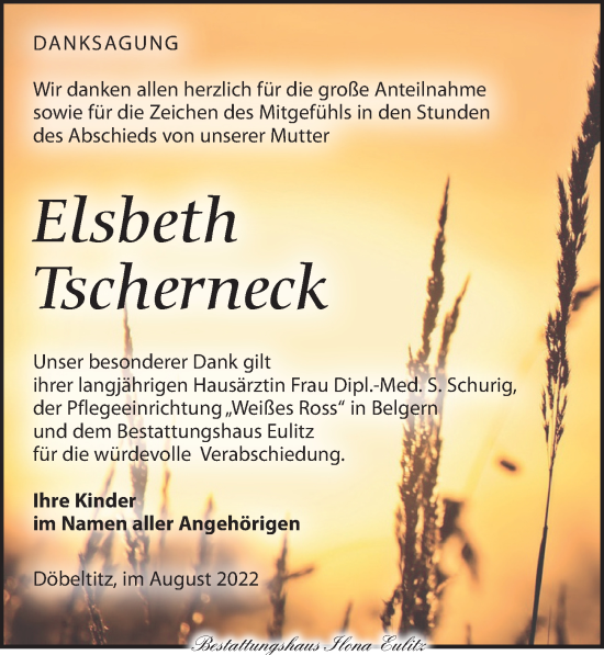 Traueranzeige von Elsbeth Tscherneck von Torgauer Zeitung