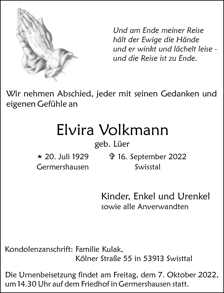  Traueranzeige für Elvira Volkmann vom 24.09.2022 aus Göttinger Tageblatt