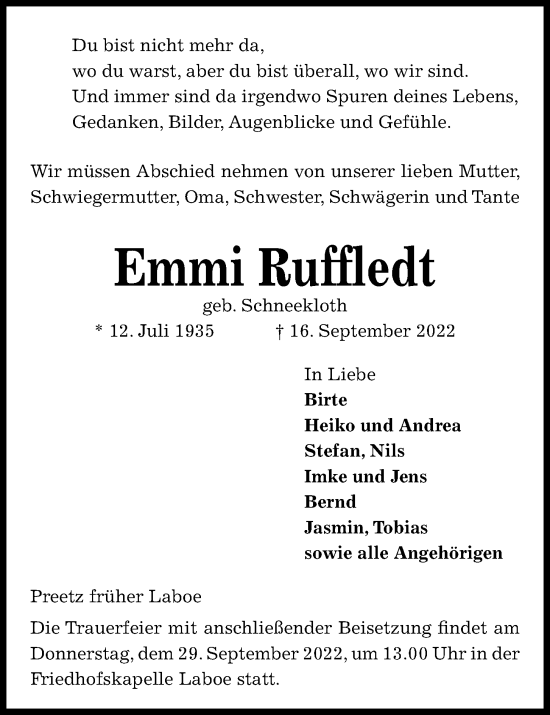 Traueranzeige von Emmi Ruffledt von Kieler Nachrichten