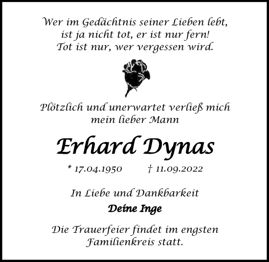 Traueranzeige von Erhard Dynas von Märkischen Allgemeine Zeitung