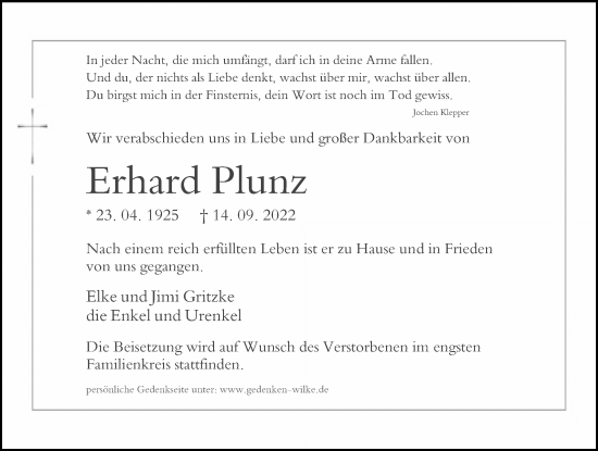 Traueranzeige von Erhard Plunz von Märkischen Allgemeine Zeitung