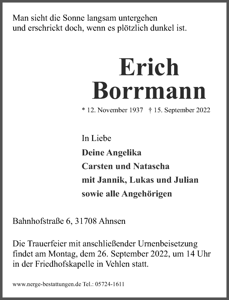  Traueranzeige für Erich Borrmann vom 21.09.2022 aus Schaumburger Nachrichten