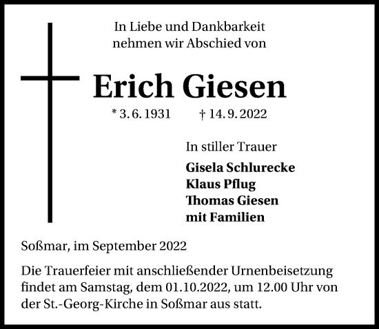 Traueranzeige von Erich Giesen Giesen von Peiner Allgemeine Zeitung