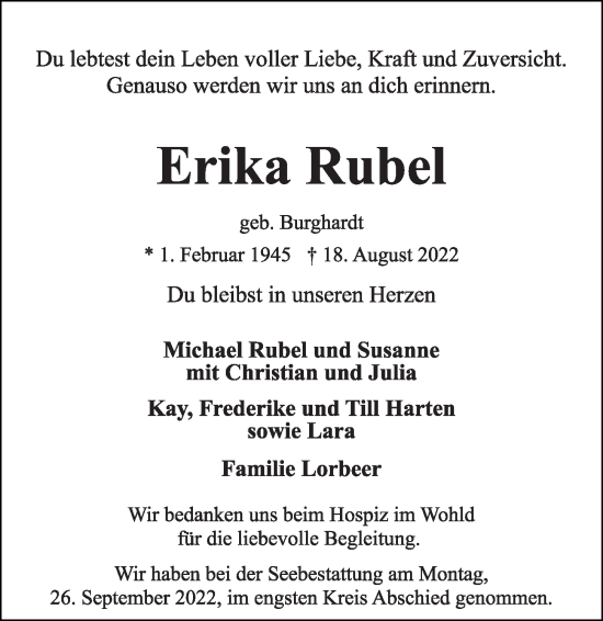 Traueranzeige von Erika Rubel von Kieler Nachrichten
