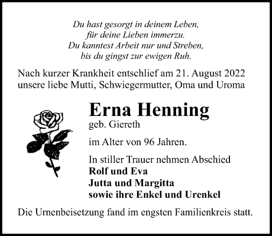 Traueranzeige von Erna Henning von Märkischen Allgemeine Zeitung