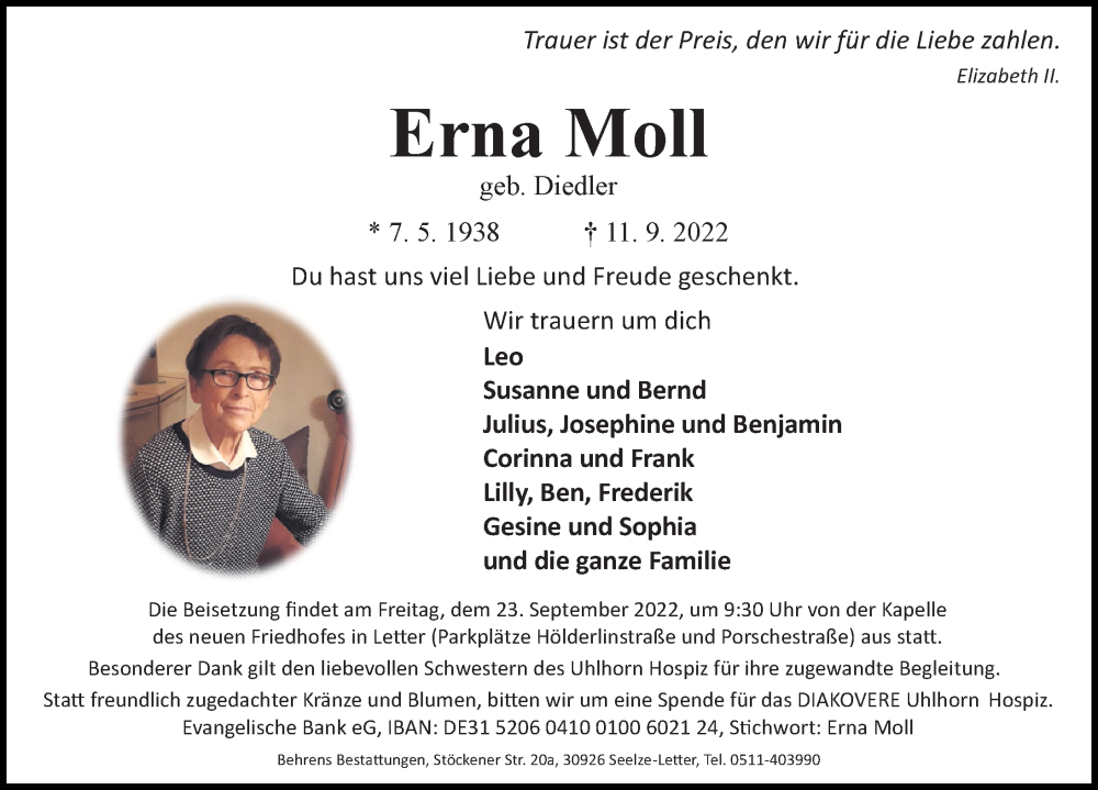  Traueranzeige für Erna Moll vom 17.09.2022 aus Hannoversche Allgemeine Zeitung/Neue Presse