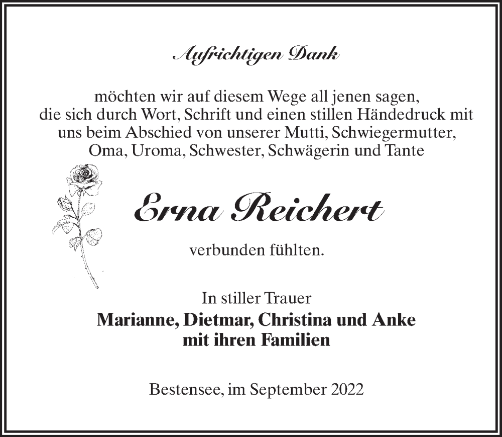  Traueranzeige für Erna Reichert vom 24.09.2022 aus Märkischen Allgemeine Zeitung