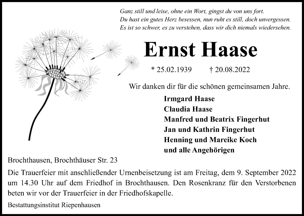 Traueranzeigen von Ernst Haase traueranzeigen.de