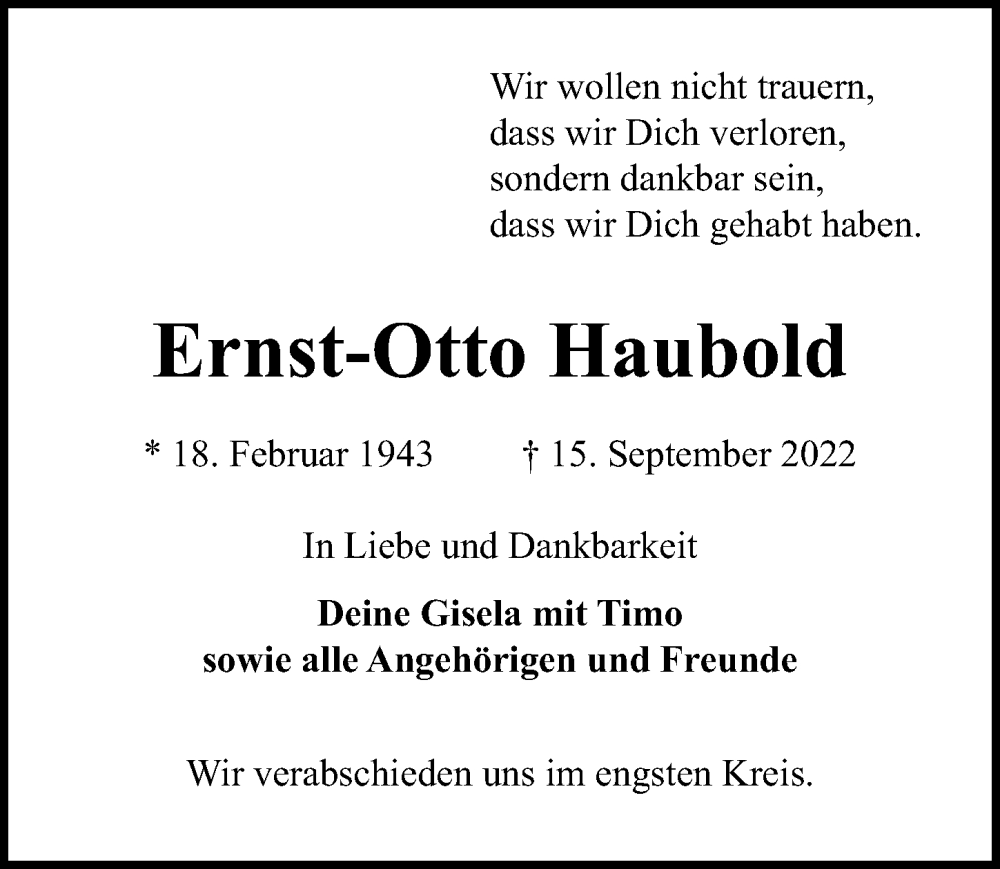  Traueranzeige für Ernst-Otto Haubold vom 25.09.2022 aus Lübecker Nachrichten