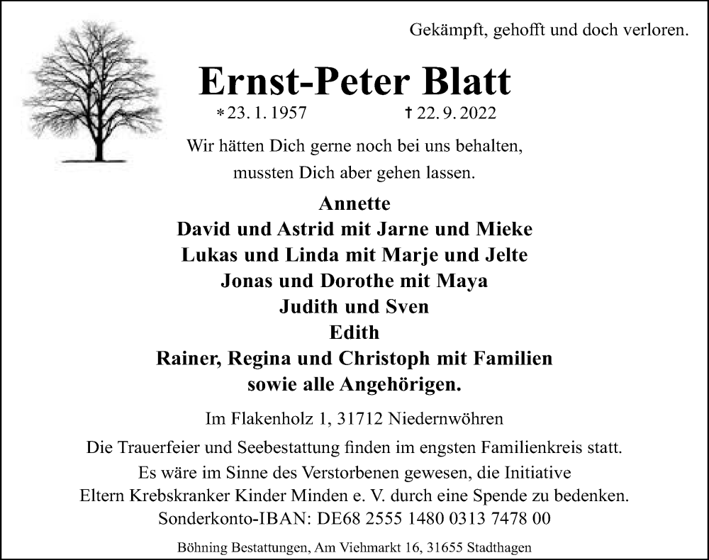  Traueranzeige für Ernst-Peter Blatt vom 29.09.2022 aus Schaumburger Nachrichten
