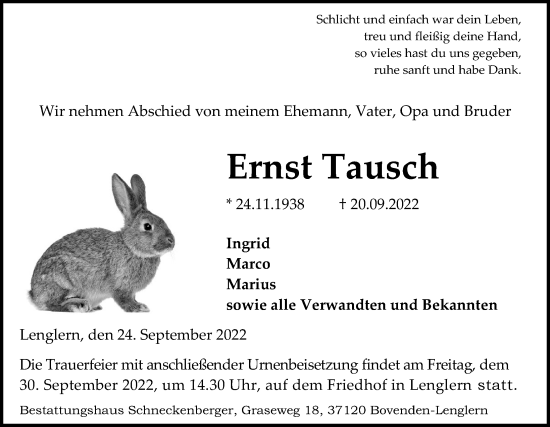 Traueranzeige von Ernst Tausch von Göttinger Tageblatt