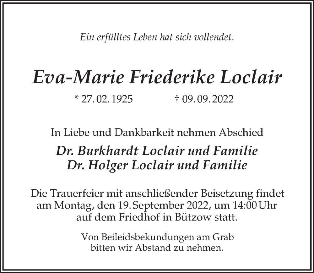  Traueranzeige für Eva-Marie Friederike Loclair vom 15.09.2022 aus Märkischen Allgemeine Zeitung
