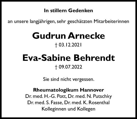 Traueranzeige von Eva-Sabine Behrendt von Hannoversche Allgemeine Zeitung/Neue Presse