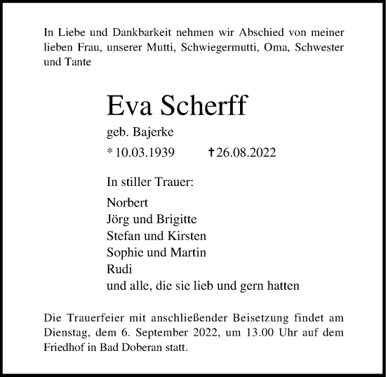 Traueranzeige von Eva Scherff von Ostsee-Zeitung GmbH