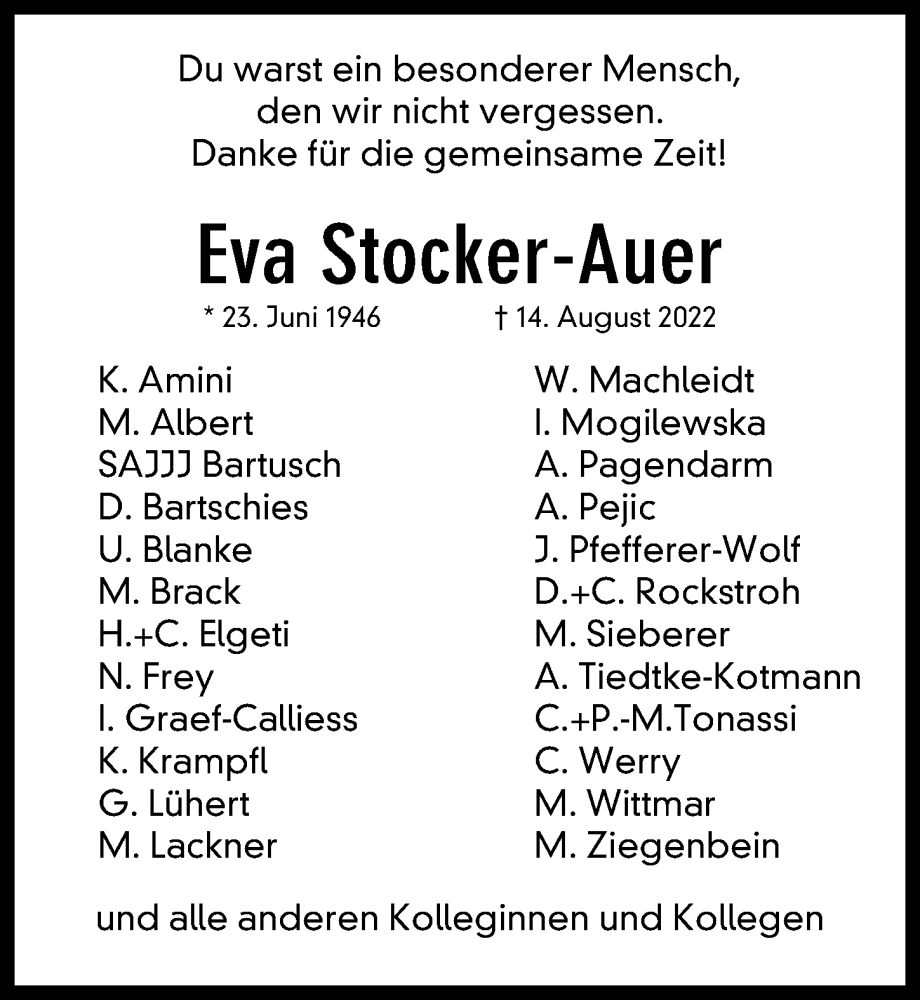  Traueranzeige für Eva Stocker-Auer vom 10.09.2022 aus Hannoversche Allgemeine Zeitung/Neue Presse