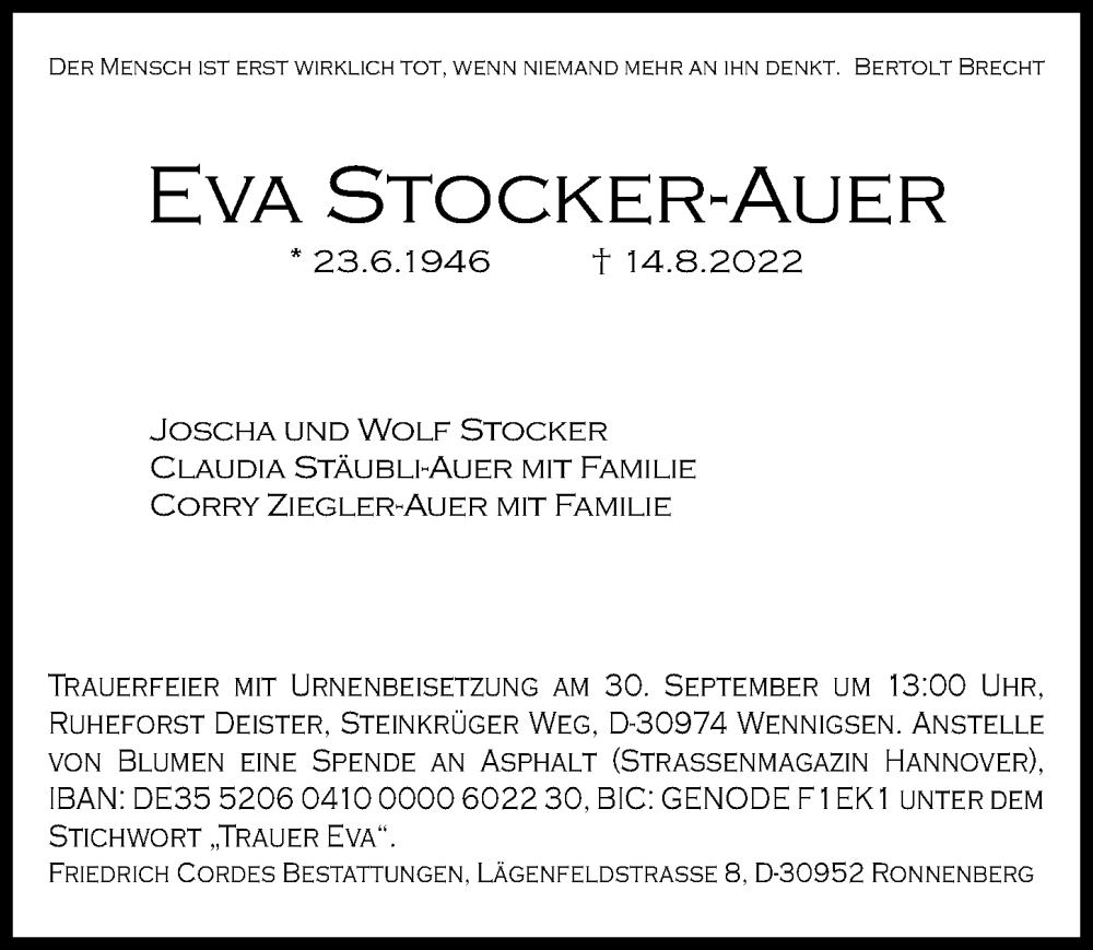  Traueranzeige für Eva Stocker-Auer vom 10.09.2022 aus Hannoversche Allgemeine Zeitung/Neue Presse