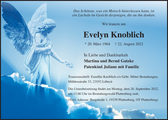 Traueranzeige von Evelyn Knoblich von Lübecker Nachrichten