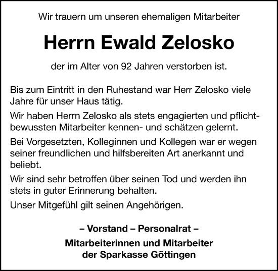 Traueranzeige von Ewald Zelosko von Göttinger Tageblatt