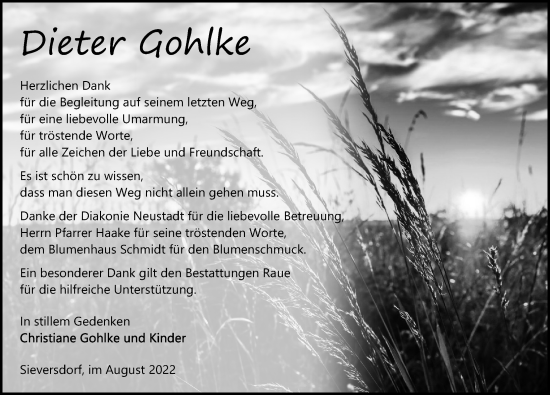 Traueranzeige von Dieter Gohlke von Märkischen Allgemeine Zeitung vom