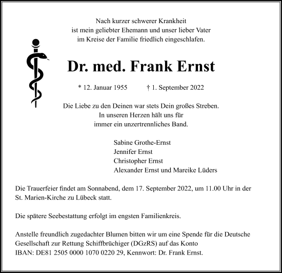 Traueranzeige von Frank Ernst von Lübecker Nachrichten