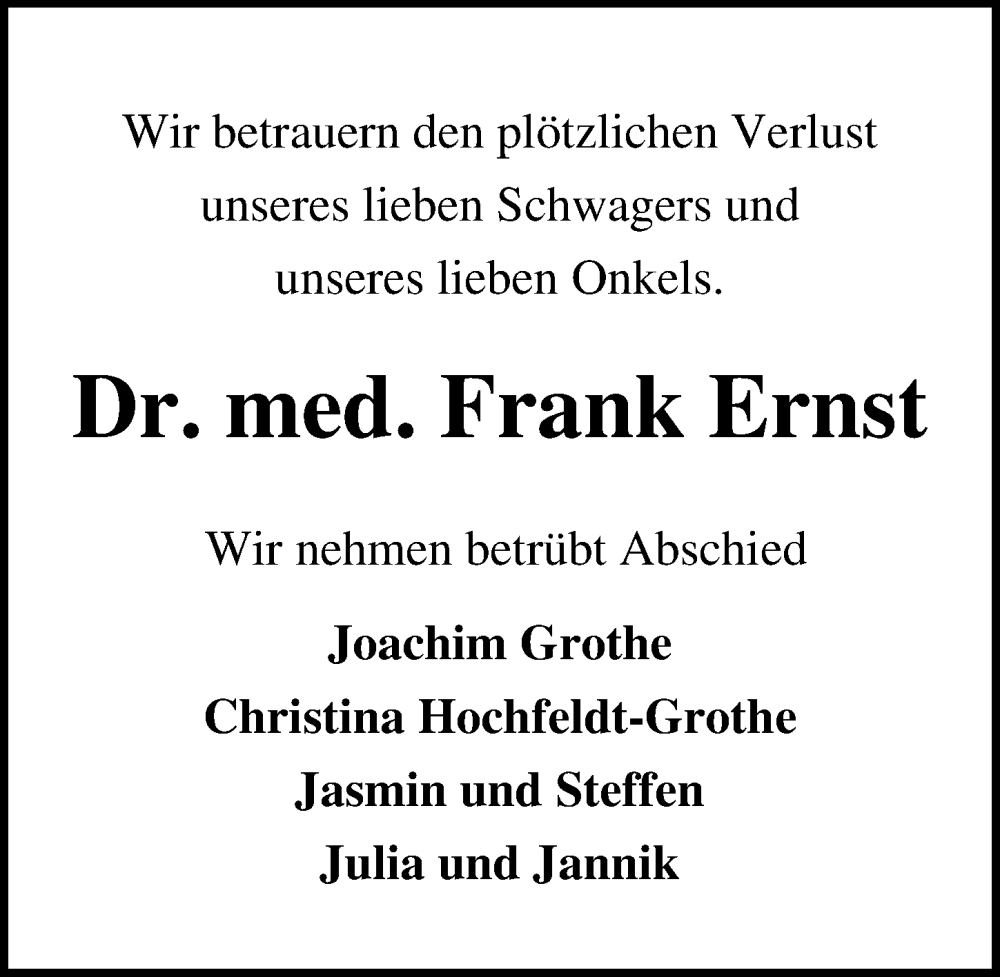 Traueranzeige für Frank Ernst vom 11.09.2022 aus Lübecker Nachrichten