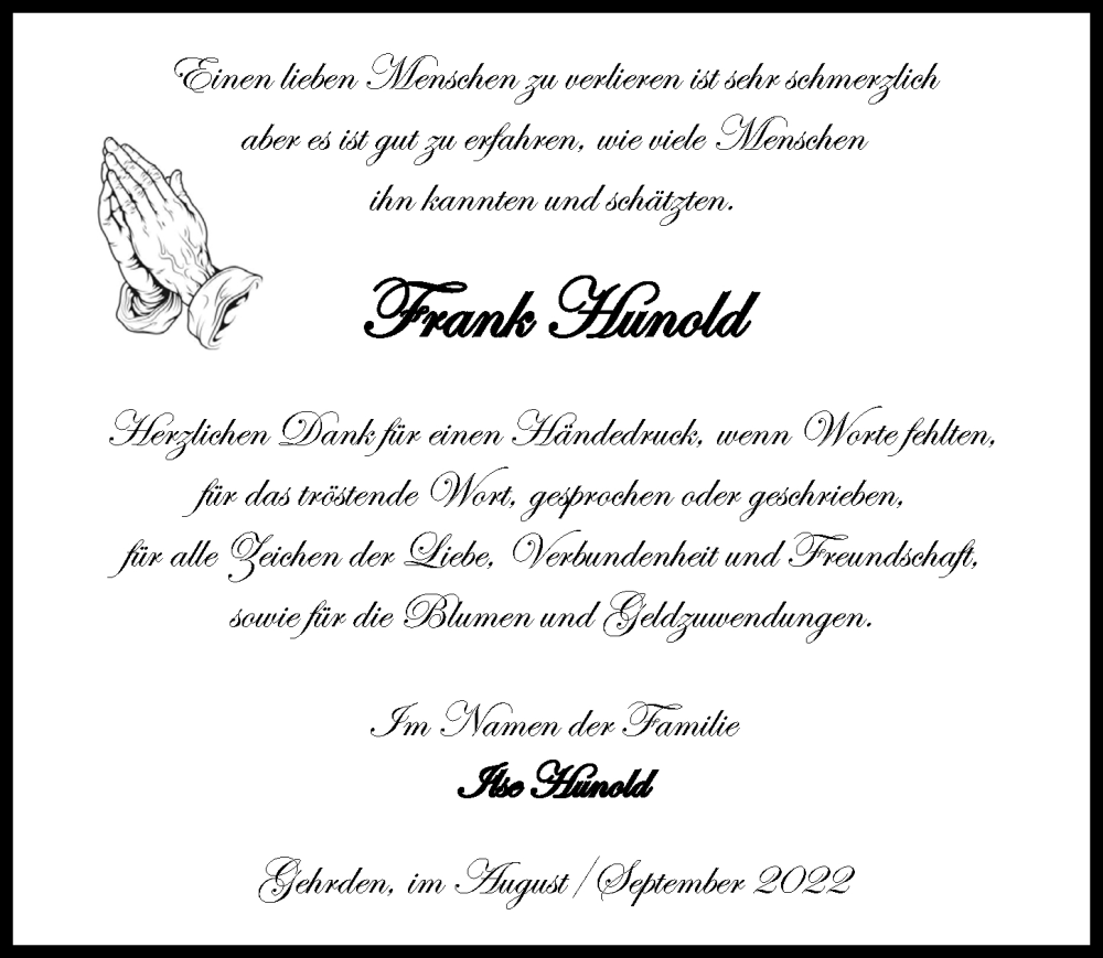  Traueranzeige für Frank Hunold vom 03.09.2022 aus Hannoversche Allgemeine Zeitung/Neue Presse