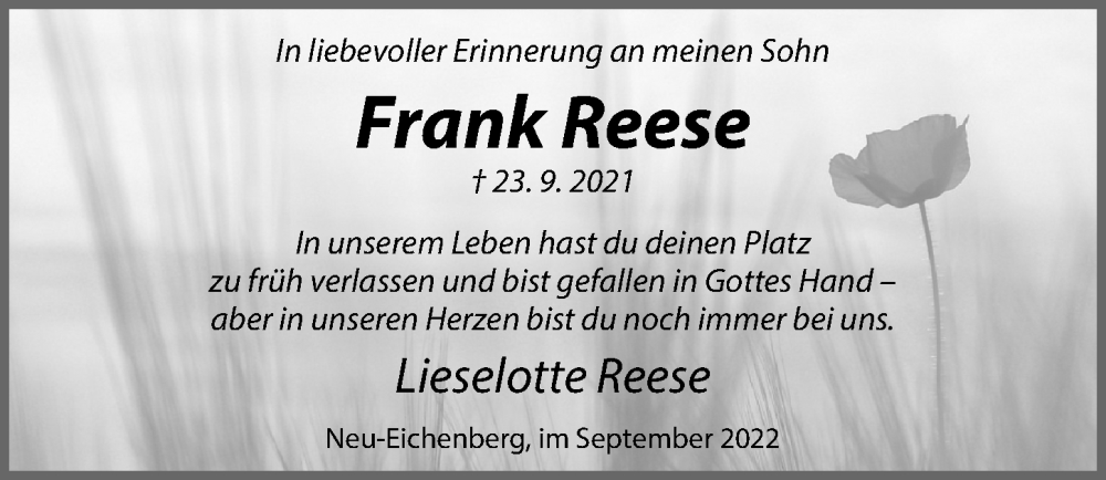  Traueranzeige für Frank Reese vom 23.09.2022 aus Göttinger Tageblatt