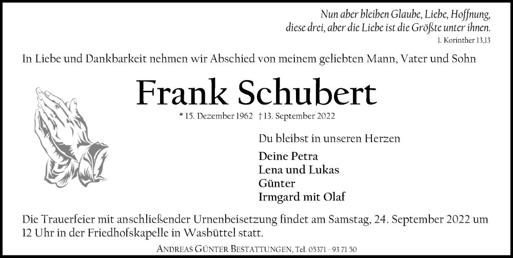  Traueranzeige für Frank Schubert vom 17.09.2022 aus Aller Zeitung