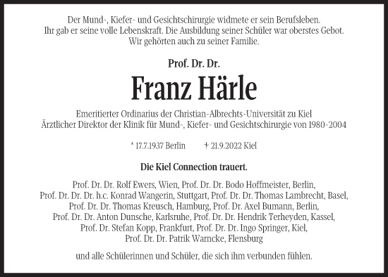 Traueranzeige von Franz Härle von Kieler Nachrichten