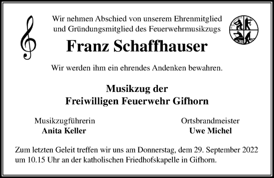 Traueranzeige von Franz Schaffhauser von Aller Zeitung