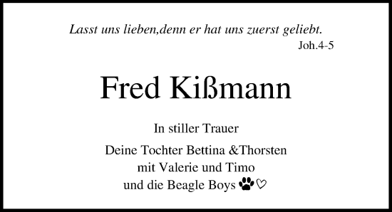 Traueranzeige von Fred Kißmann von Lübecker Nachrichten