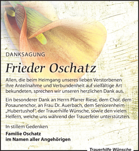 Traueranzeige von Frieder Oschatz von Leipziger Volkszeitung