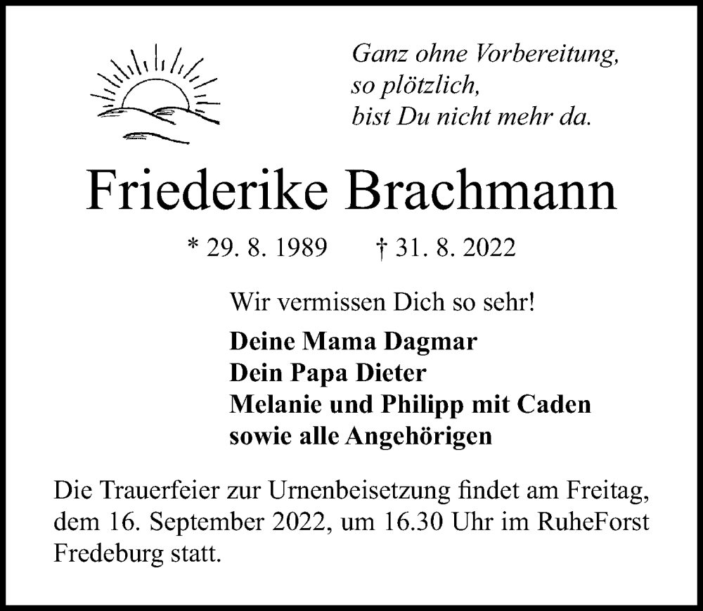  Traueranzeige für Friederike Brachmann vom 11.09.2022 aus Lübecker Nachrichten