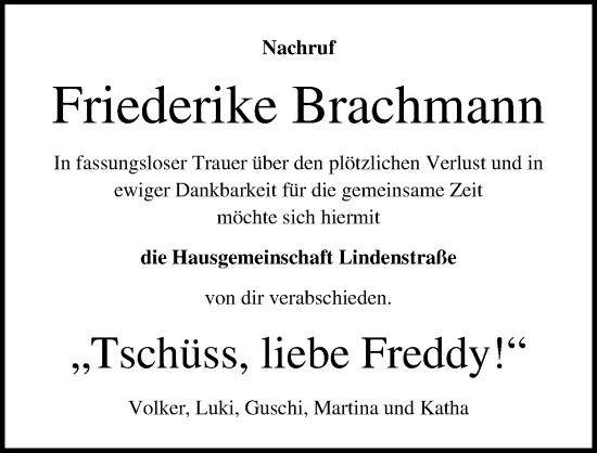 Traueranzeige von Friederike Brachmann von Lübecker Nachrichten