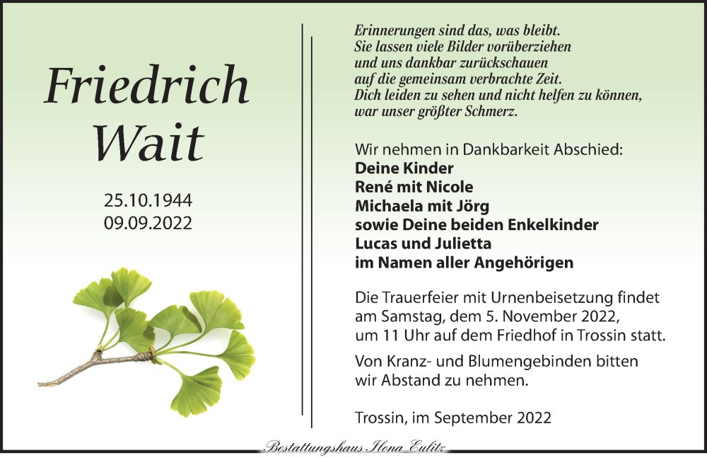 Traueranzeige für Friedrich Wait vom 17.09.2022 aus Torgauer Zeitung