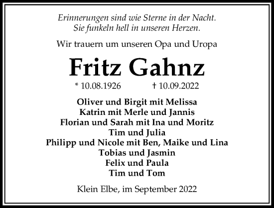 Traueranzeige von Fritz Gahnz von Peiner Allgemeine Zeitung