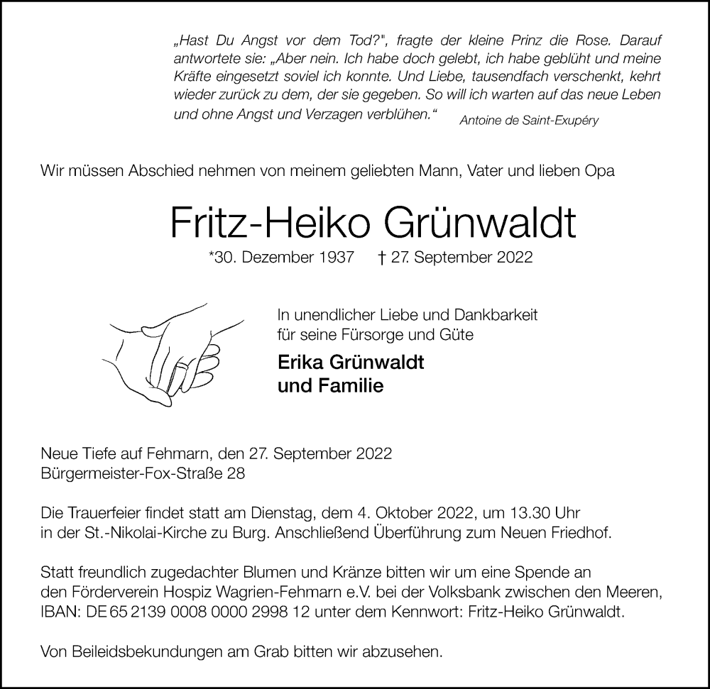  Traueranzeige für Fritz-Heiko Grünwaldt vom 30.09.2022 aus Lübecker Nachrichten