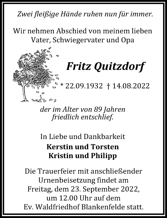 Traueranzeige von Fritz Quitzdorf von Märkischen Allgemeine Zeitung